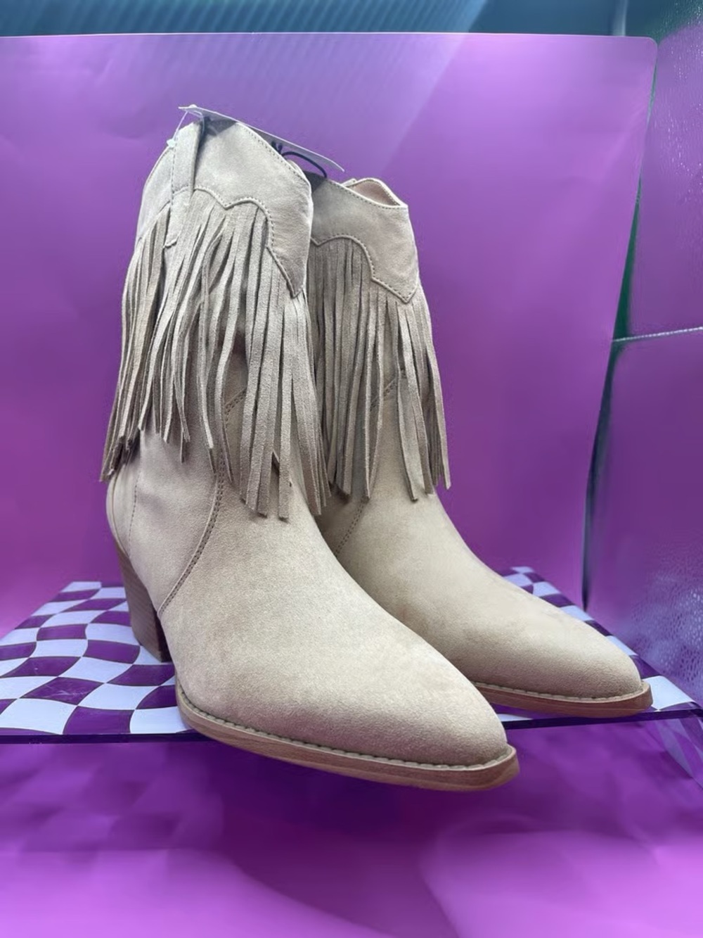 Suede Fringe Ankle Boots - Beige